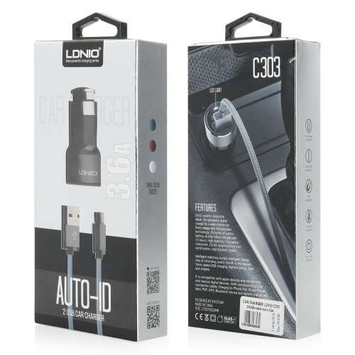 Ldnio Car Charger - Dual USB 5V/3.6A Quick Charge (with cable for IOS - iphone ) (C303)