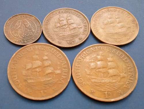 5 x  SA Union Coins - All 1942 (As per photo)