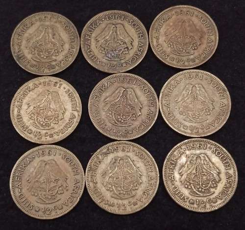 9 X 1961 1/2 Cent coins  (As per photo)