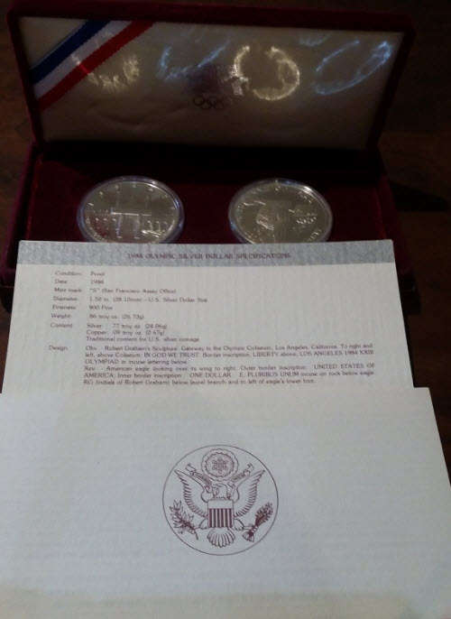 1983 1984 S Olympic Commemorative Proof Silver Dollar Two Coin Set Box - R1 Start