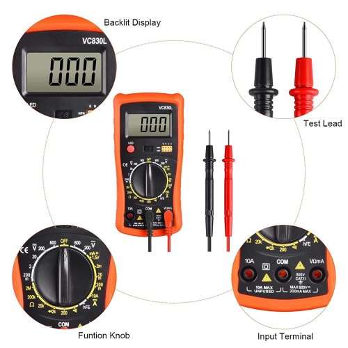 Digital Multimeter - Portable, Backlit LCD, Non-Slip Sleeve, Various Functions, 9V Battery Included