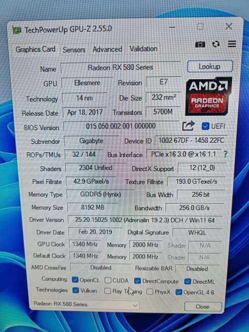 GIGABYTE RX580 8GB GAMING