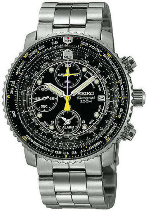 SEIKO MENS ELITE FLIGHTMASTER CHRONOGRAPH ALARM PILOT SLIDE-RULER WATCH SNA411P1+FANTASTIC PIECES+