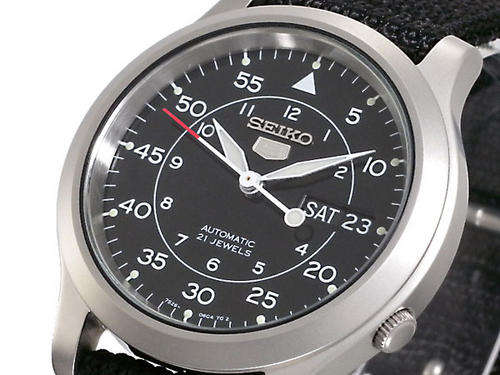 GENTS SEIKO 5  NATO BLACK MILITARY AVIATOR DIAL AUTOMATIC SNK 809K2