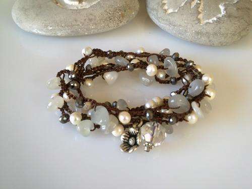 BOHO-CHIC CROCHET MOONSTONE AND PEARL NECKLACE/WRAP BRACELET