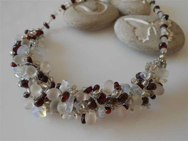 WIRE CROCHET NECKLACE WITH GARNETS, OPALITE AND PEARLS