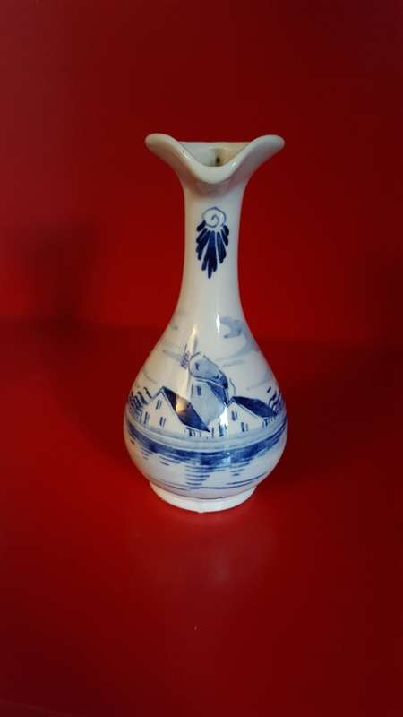 Lucia ware, Bud vase. Hand Painted in Delft Blue. Signed by the Artist.