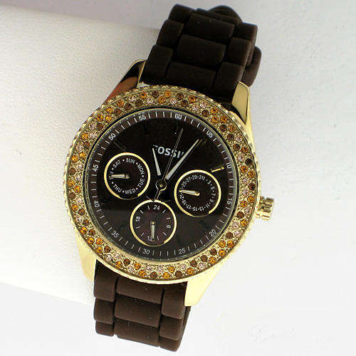 FOSSIL STELLA GOLD CRYSTAL BROWN SILICONE STRAP MULTIFUNCTION WATCH