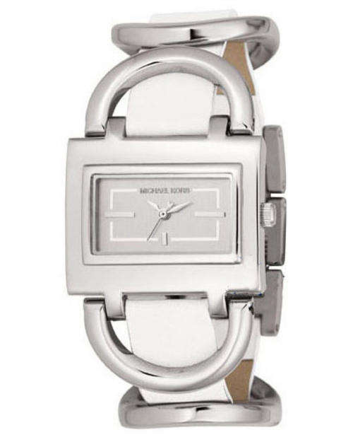 MICHAEL KORS WOMEN'S UNIQUE WHITE LEATHER AND STAINLESS STEEL DESIGNER WATCH