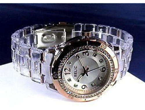 RELIC BY FOSSIL BELLA ROSE GOLD-TONE SWAROVSKI CRYSTALS CLEAR RESIN WATCH