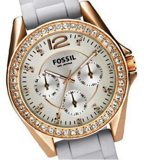 *SUMMERTIME* FOSSIL RILEY ROSE GOLD MULTIFUNCTION WHITE SILICONE STRAP WATCH