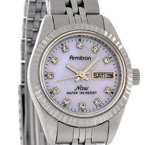 Armitron NOW Ladies Silver Tone Crystal Watch Day/Date Calendar R**LEX Style