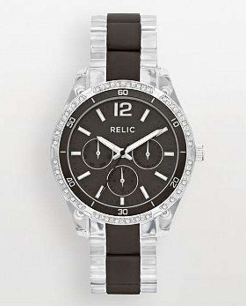 RELIC by FOSSIL STARLA BOYFRIEND CLEAR RESIN AND BLACK SWAROVSKI CRYSTALS MULTIFUNCTION WATCH