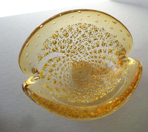 MURANO ART GLASS YELLOW BUBBLES AND LEAF BOWL BY SEGUSO 1950s