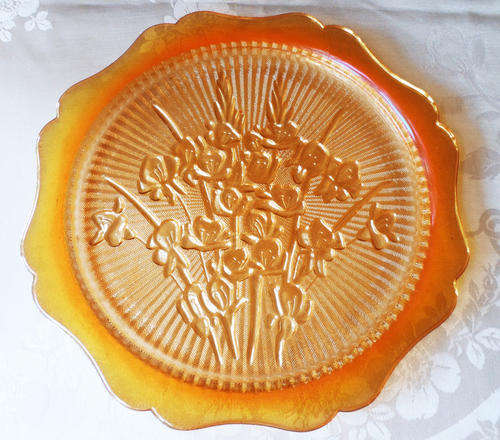 IRIS AND HERRINGBONE MARIGOLD IRIDESCENT GLASS PLATE  - JEANETTE GLASS Co