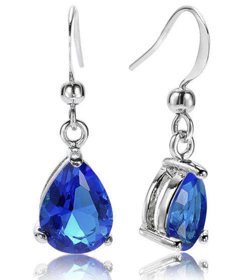 EXQUISITE, DAINTY! BLUE SAPPHIRE 18K WHITE GOLD PLATED DANGLE EARRINGS
