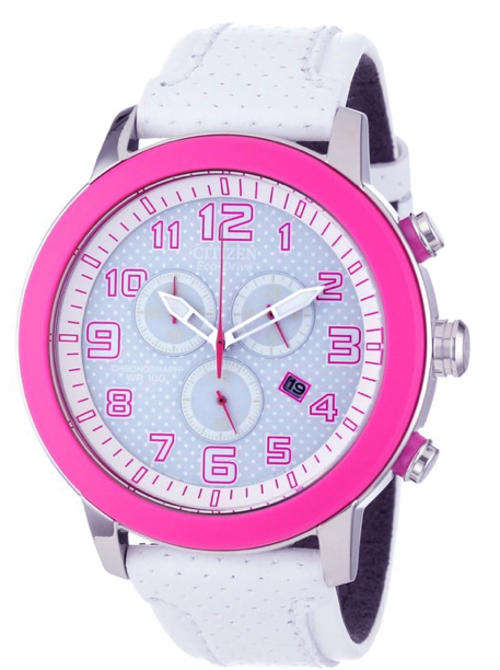 CITIZEN ECO-DRIVE BRT 3.0 HOT PINK, OVERSIZED WHITE LEATHER CHRONOGRAPH WATCH **Best Price**
