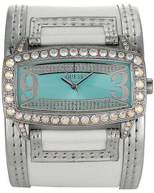 BLING! GUESS WHITE LEATHER and AQUA BLUE DIAL CRYSTAL WATCH