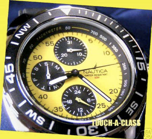 NEW 2010 NAUTICA MEN'S BLACK AND YELLOW CHRONOGRAPH TACHYMETER (50m)