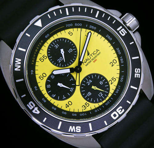 *STUNNING* NEW 2010 NAUTICA MEN'S BLACK AND YELLOW CHRONOGRAPH TACHYMETER (50m)