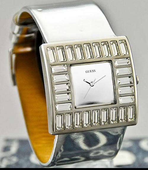 SPRING BLING! GUESS MARTINI CRYSTAL ACCENTED SILVER LEATHER WATCH