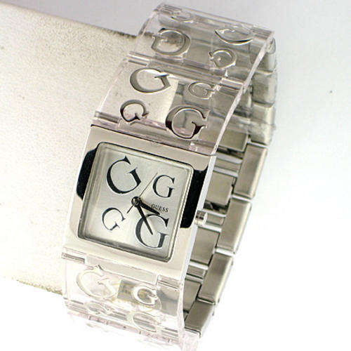 STYLISH! GUESS CLEAR ACRYLIC LADIES WATCH WITH SILVER G LOGO