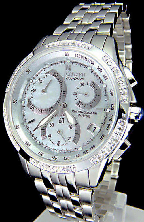 RARE! CITIZEN ECO-DRIVE PLATINUM TONE 24 DIAMOND  LADIES  MOTHER-OF-PEARL CHRONO