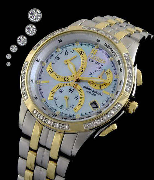 EXQUISITE! CITIZEN ECO-DRIVE LADIES 24 DIAMONDS AND MOTHER OF PEARL CHRONO