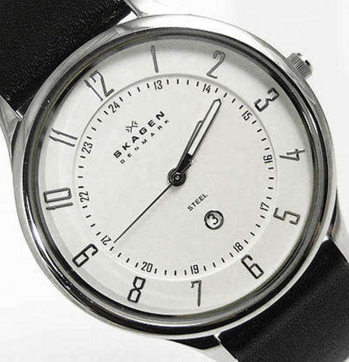 SKAGEN MENS SILVER TONE STAINLESS STEEL BLACK LEATHER STRAP WATCH