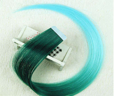 2pc Tape in hair extensions ombre deep green to teal ( synthetic)