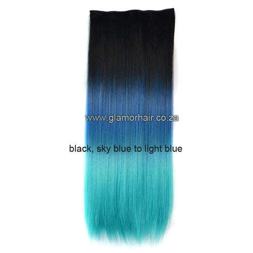 Ombre black to sky blue to light blue clip in hair extensions