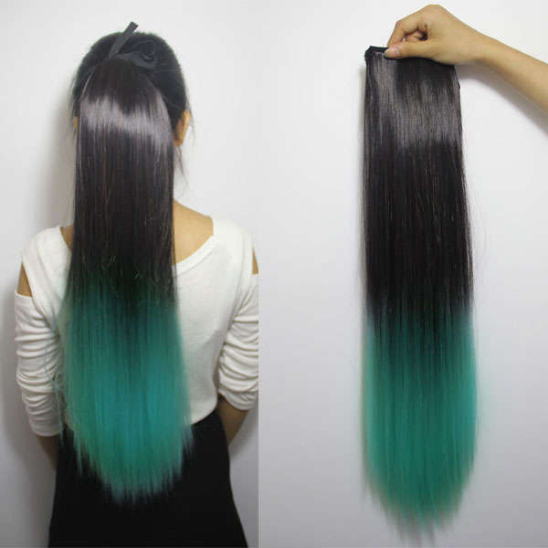 black to teal blue tie on ponytail hair extensions