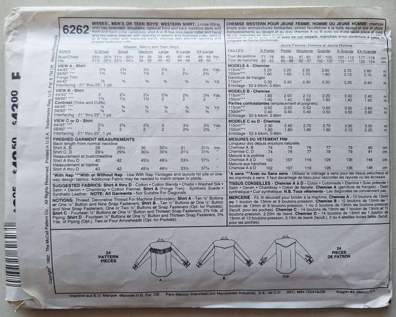 McCall`s #6262 The easy western shirt Pattern