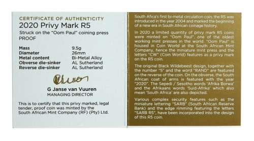 #*# RARE!!! - 2020 Bi Metal Proof R5 with Oom Paul Privy Marked Coin #*#