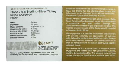 *#* BRAND NEW  2020 Silver 2.5 cent Retinal Cryoprobe Proof Coin South African Inventions *#*
