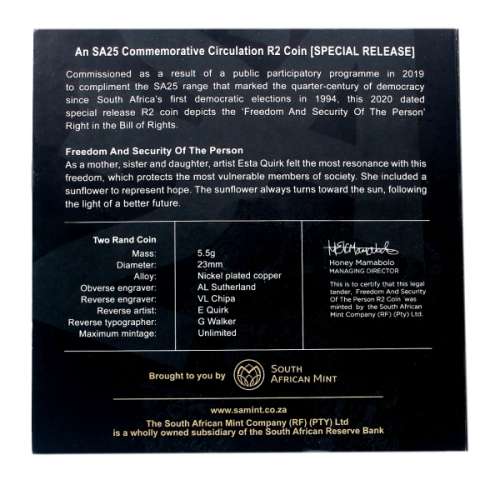 *#* Award Winning - 2020 SA Mint Issued 25 Year Democracy Nickel R2 Freedom and Security *#*