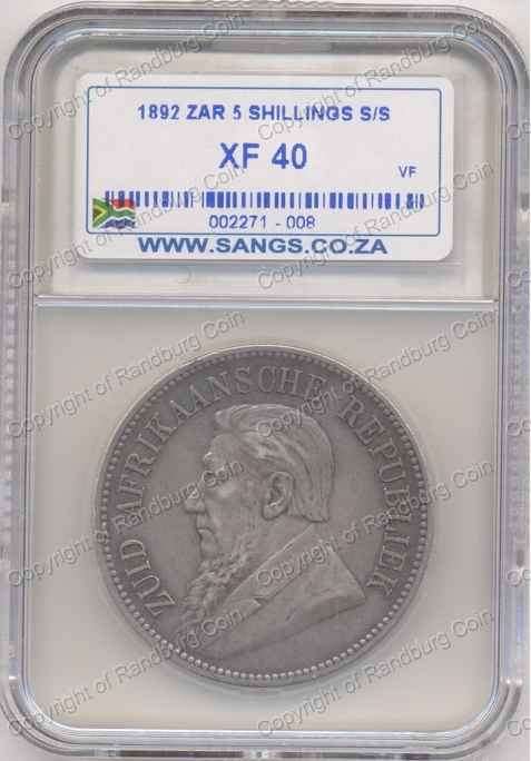 *#* 1892 FIVE SHILLING SINGLE SHAFT SANGS SLABBED XF40 *#*