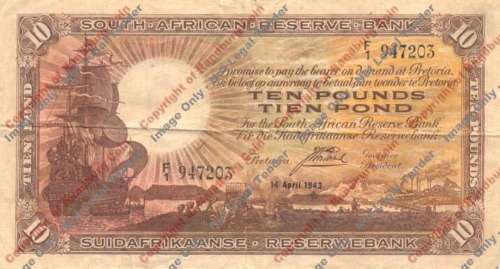 *#* J Postmus 1st issue Ten Pounds F+/VF Eng/Afr - small edge tears in top border *#*
