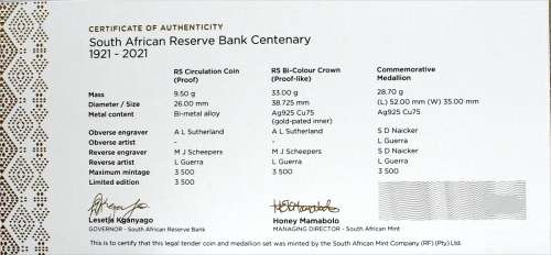 2021 South African Reserve Bank Centenary Proof Set 1921 to 2021 SARB Centenary