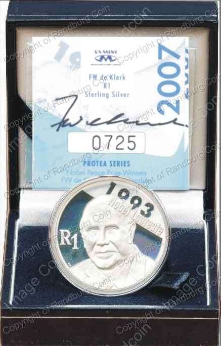 *#* SIGNED CERTIFICATE BY HIMSELF - 2007 SA Silver R1 Proof De Klerk Mintage 2 507 *#*