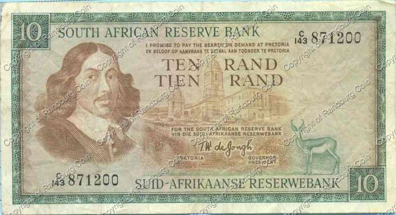 *#* TW de JONGH - 1st Issue - 10 Rand Eng/Afr - F+ - Staple holes *#*