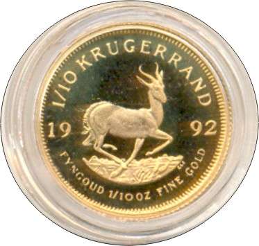 *#* 1992 SA Gold Proof Kruger Rand 1/10 oz in S A M red box - Difficult year to find *#*