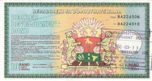 1988 Bophuthatswana Bearer Development Bonds 10 Rand