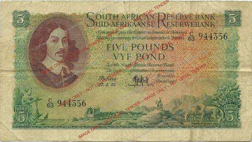 CRAZY R1 START!! 1958 MH de Kock 3rd issue Five (5) Pounds banknote