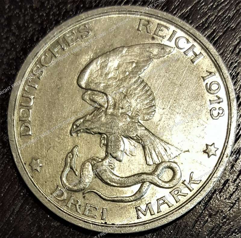 1913 Silver (0.9) Deutsches Reich Germany Prussia 3 (Drei) Mark with Napoleon