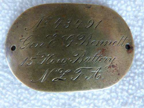 Identity Disc Gen E G Bennett 15th Howitzer Battery, New Zealand Field Artillery (WIA?)