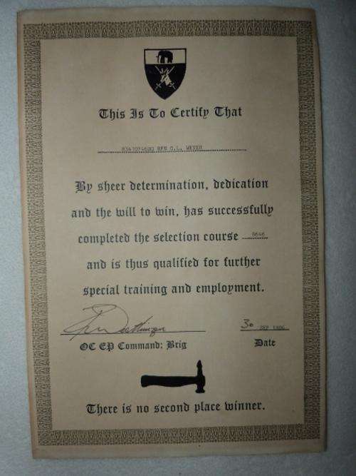 Selection Course (Special Forces)Completion Certificate ino Rfn G L Weyer - Eastern Province Command