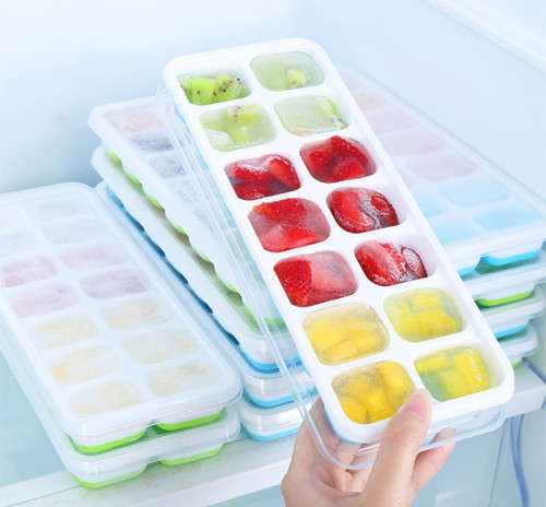 Pop-Out Silicone Ice Cube Tray with PP Lid - 4 Pack - Blue / Green