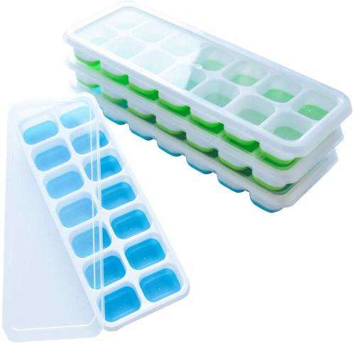 Pop-Out Silicone Ice Cube Tray with PP Lid - 4 Pack - Blue / Green