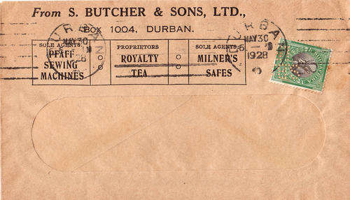 Advertising Cover with Perfin Stamp, 1928 Durban Postmark